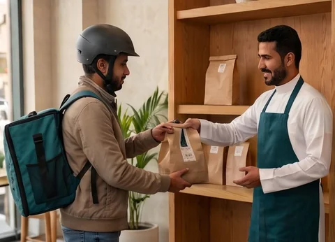 موظف يسلّم كيسًا ورقيًا فيه طلب جاهز إلى مندوب توصيل يرتدي خوذة ويحمل حقيبة توصيل.