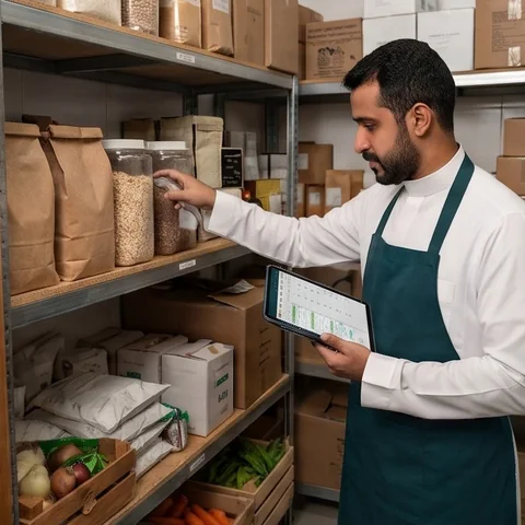 موظف في غرفة التخزين يتفقد الأرفف ويسجّل الجرد على جهاز لوحي.