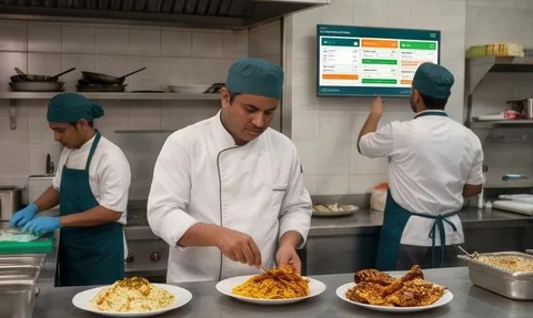 طهاة يجهّزون الأطباق في مطبخ مطعم، وعلى الحائط شاشة تعرض الطلبات.