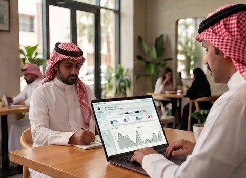 صاحب مطعم يجلس إلى طاولة ويراجع لوحة تقارير على حاسوب محمول، وبجانبه رجل يدوّن ملاحظات.
